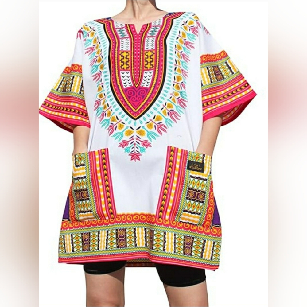 Bold Prints Colorful African Dashiki Party Dress Light Natural Cotton Unisex